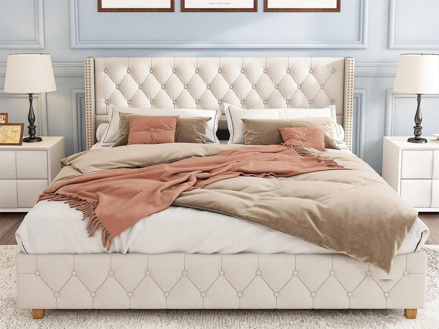 Bed met gestoffeerd hoofdbord - 140 x 190 cm - linnen stof - lattenbodem - beige kleur