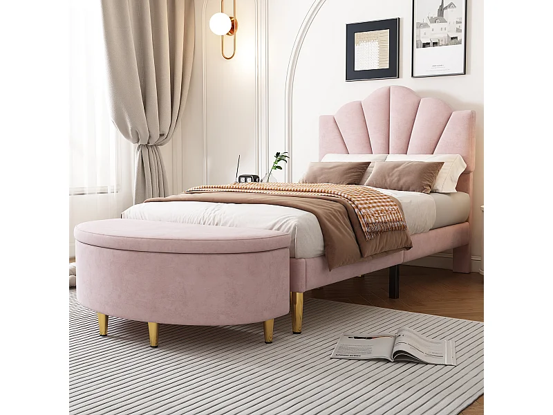Cama Shell - 90 x 200 cm - terciopelo - color rosa + banco contenedor + somier de láminas