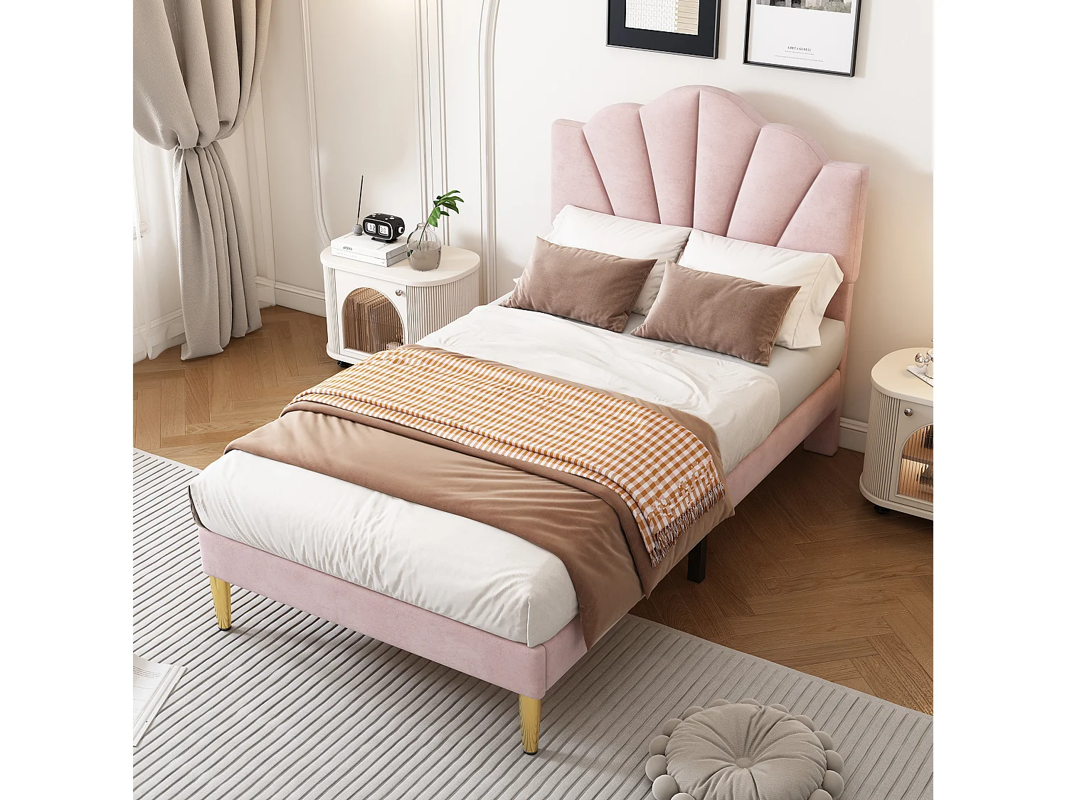 Lit coquillage - 90 x 200 cm - velours - coloris rose + banc coffre + sommier à lattes