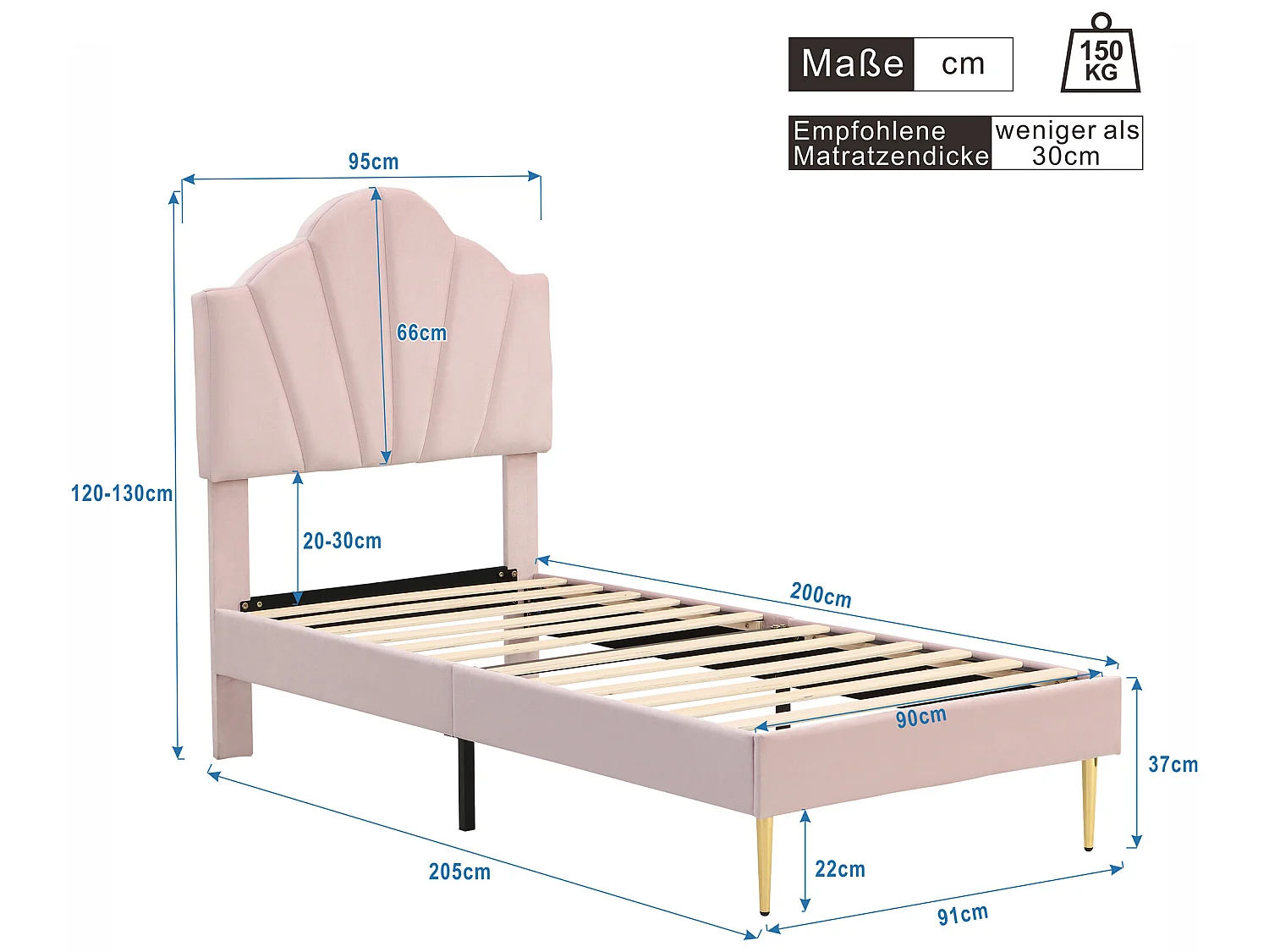 Lit coquillage - 90 x 200 cm - velours - coloris rose + banc coffre + sommier à lattes