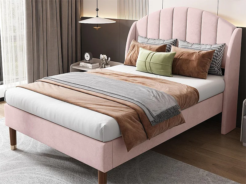 90 x 200 cm großes Bett mit vertikalem Nahtkopfteil – Samt – Lattenrost – rosa Farbe