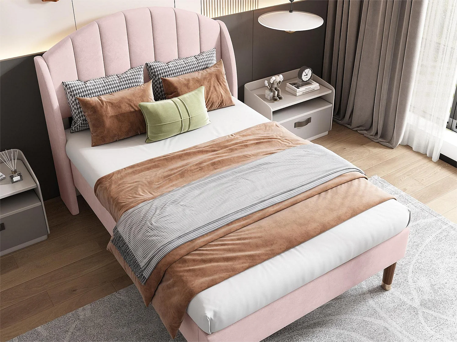 90 x 200 cm großes Bett mit vertikalem Nahtkopfteil – Samt – Lattenrost – rosa Farbe