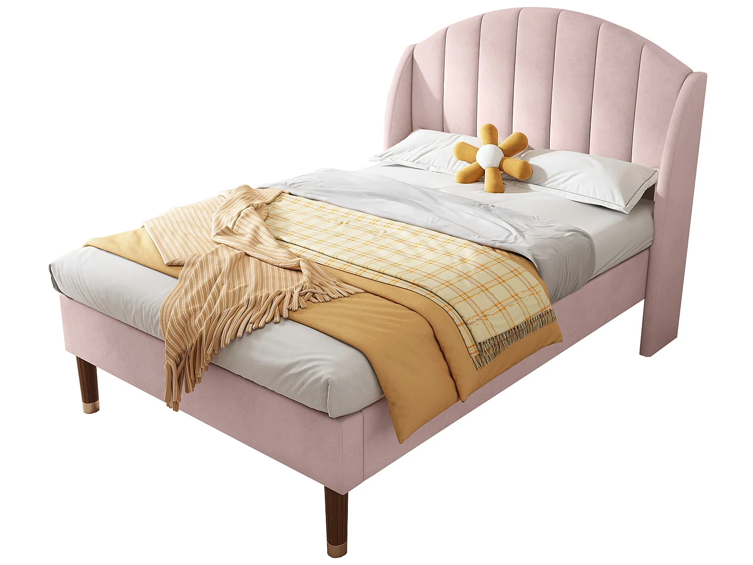 90 x 200 cm großes Bett mit vertikalem Nahtkopfteil – Samt – Lattenrost – rosa Farbe