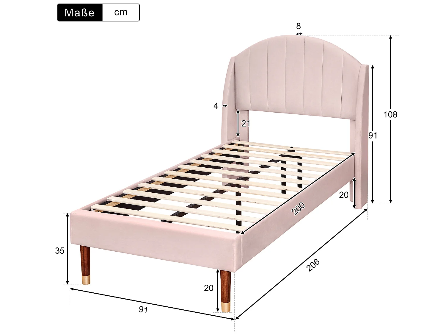 90 x 200 cm großes Bett mit vertikalem Nahtkopfteil – Samt – Lattenrost – rosa Farbe