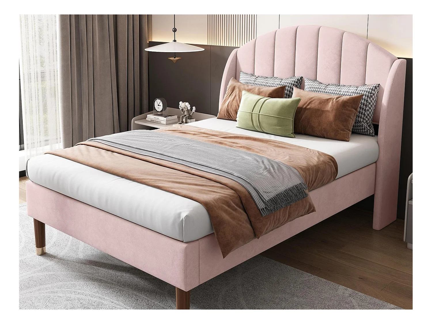 Lit 90 x 200 cm avec tête de lit coutures verticales - velours - sommier à lattes - coloris rose