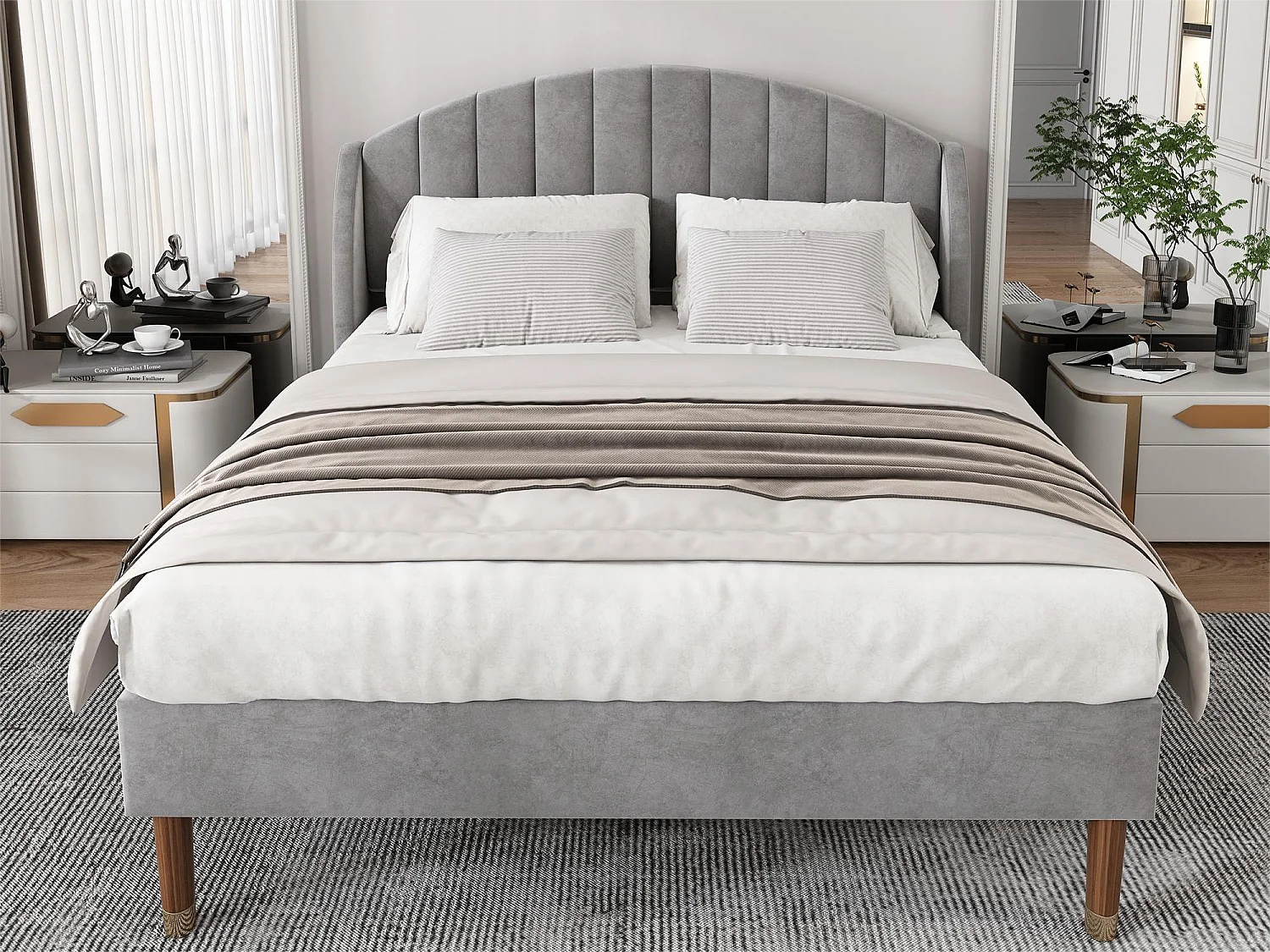 Bed met verstelbaar hoofdeinde - 160 x 200 cm - fluweel - lattenbodem - kleur grijs