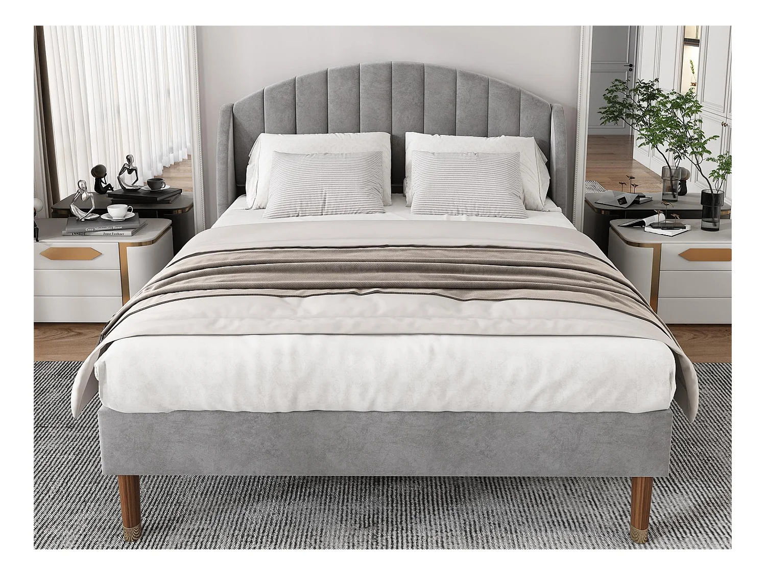 Bett mit verstellbarem Kopfteil – 160 x 200 cm – Samt – Lattenrost – graue Farbe