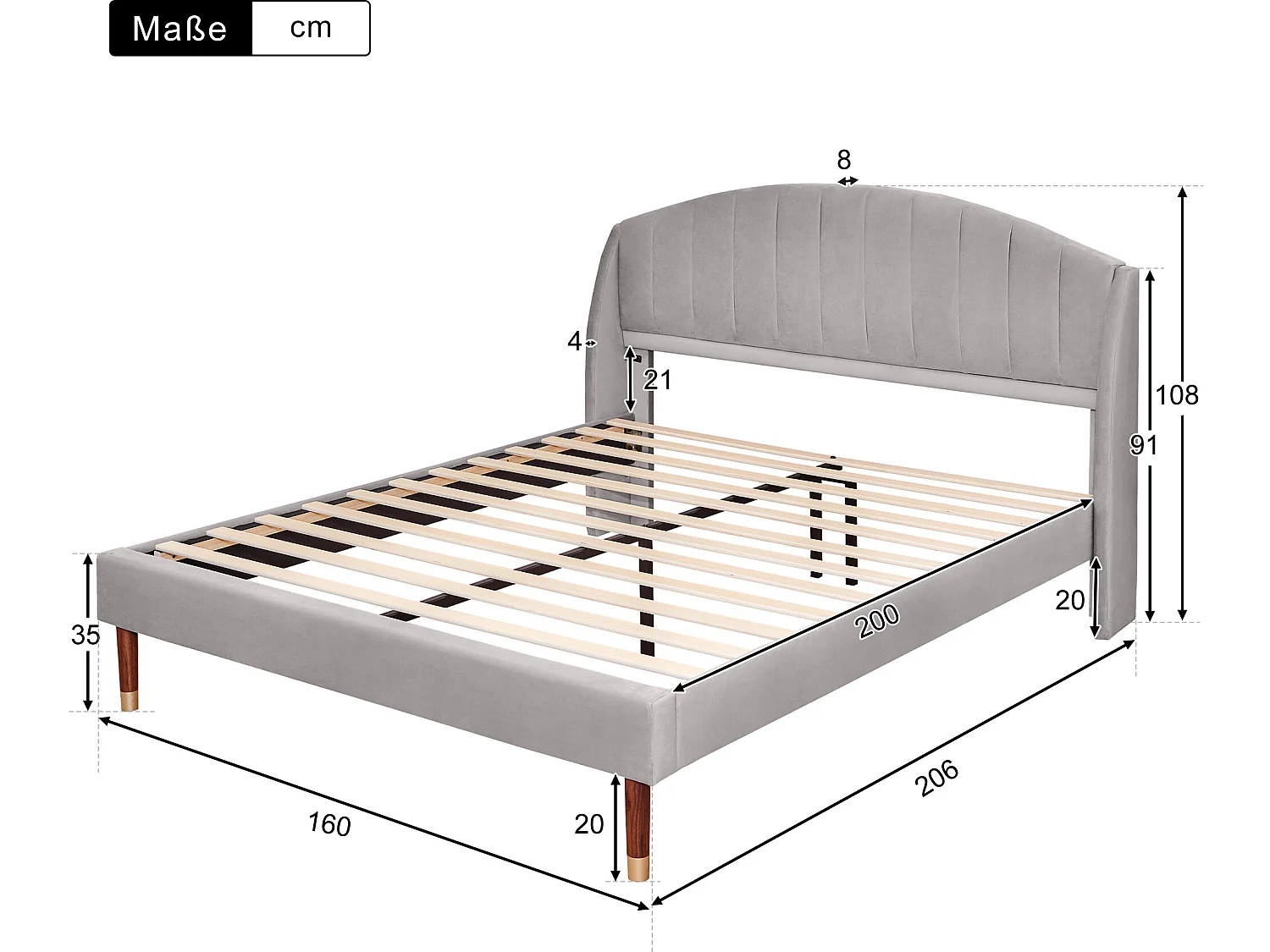 Bett mit verstellbarem Kopfteil – 160 x 200 cm – Samt – Lattenrost – graue Farbe