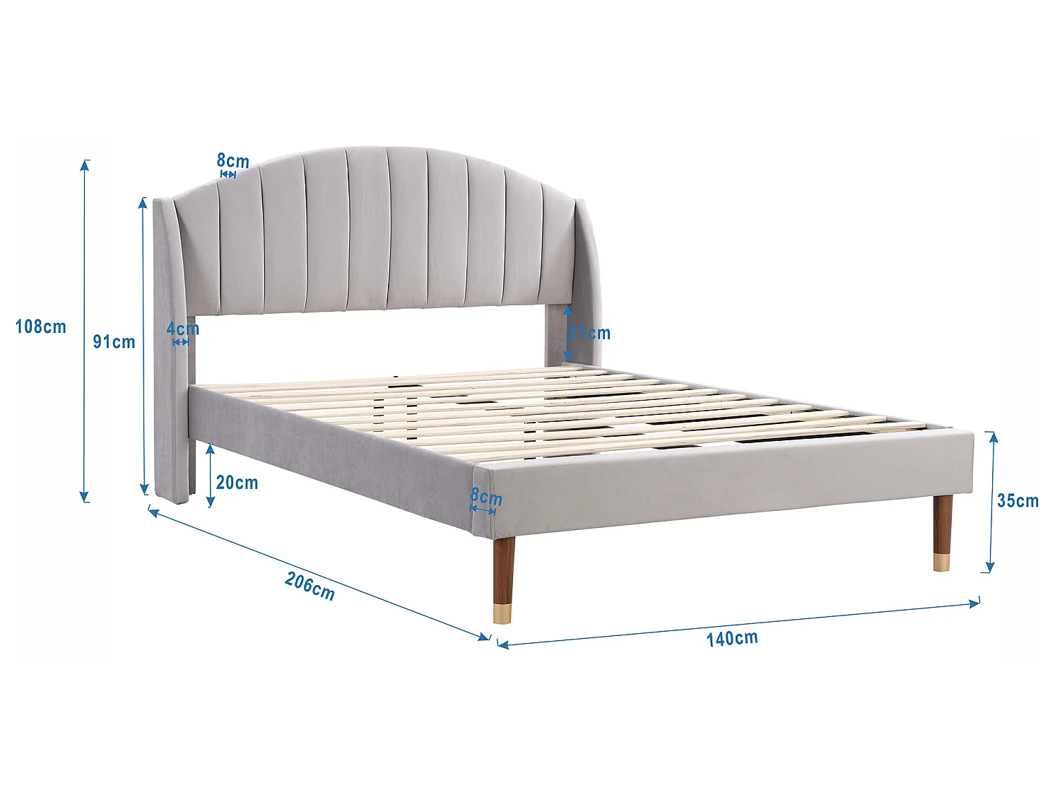 Bed met gecapitonneerd hoofdeinde - 140 x 200 cm - fluweel - lattenbodem - kleur grijs
