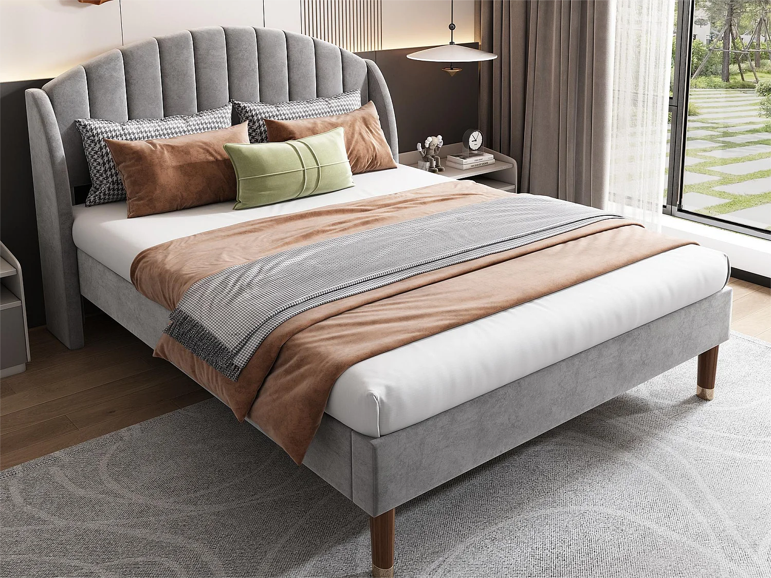 Bed met gecapitonneerd hoofdeinde - 140 x 200 cm - fluweel - lattenbodem - kleur grijs