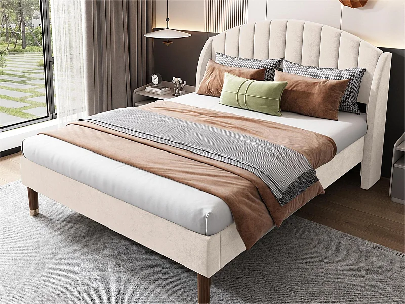 Bett mit verstellbarem Kopfteil – 160 x 200 cm – Samt – Lattenrost – Farbe Beige