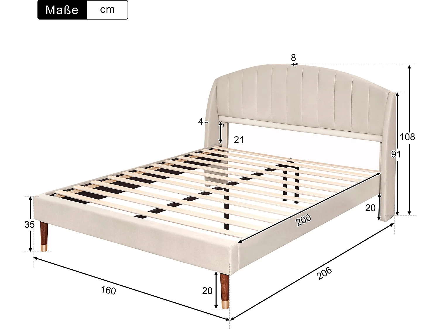 Lit avec tête de lit réglable - 160 x 200 cm - velours - sommier à lattes - coloris beige