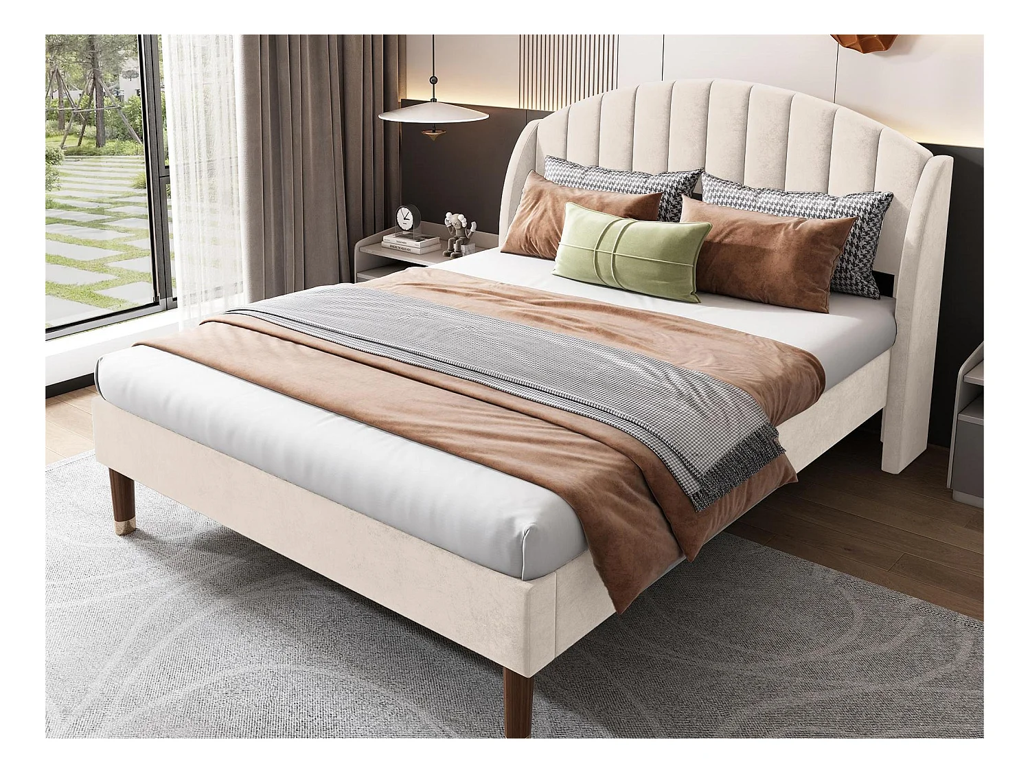 Lit avec tête de lit réglable - 160 x 200 cm - velours - sommier à lattes - coloris beige