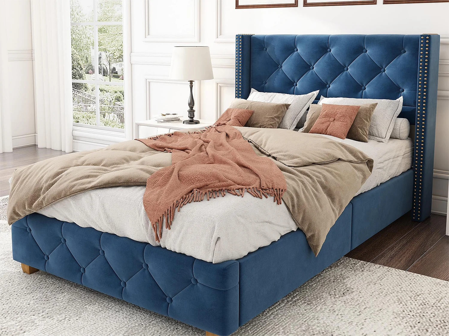 Bed met gestoffeerd hoofdeinde - 90 x 200 cm - fluweel - lattenbodem - blauwe kleur