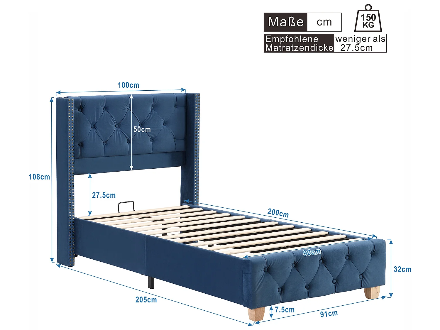 Bed met gestoffeerd hoofdeinde - 90 x 200 cm - fluweel - lattenbodem - blauwe kleur