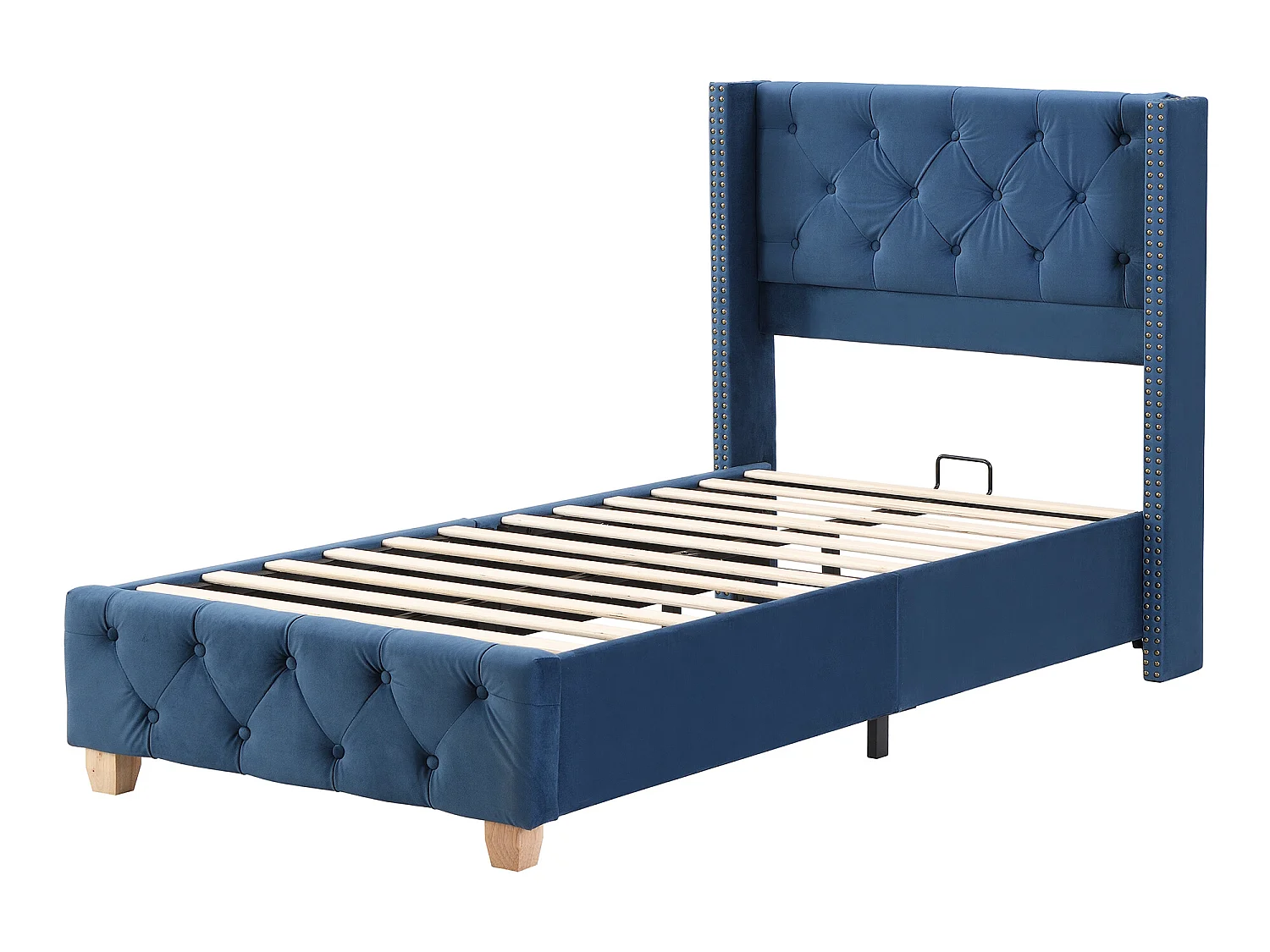 Bed met gestoffeerd hoofdeinde - 90 x 200 cm - fluweel - lattenbodem - blauwe kleur