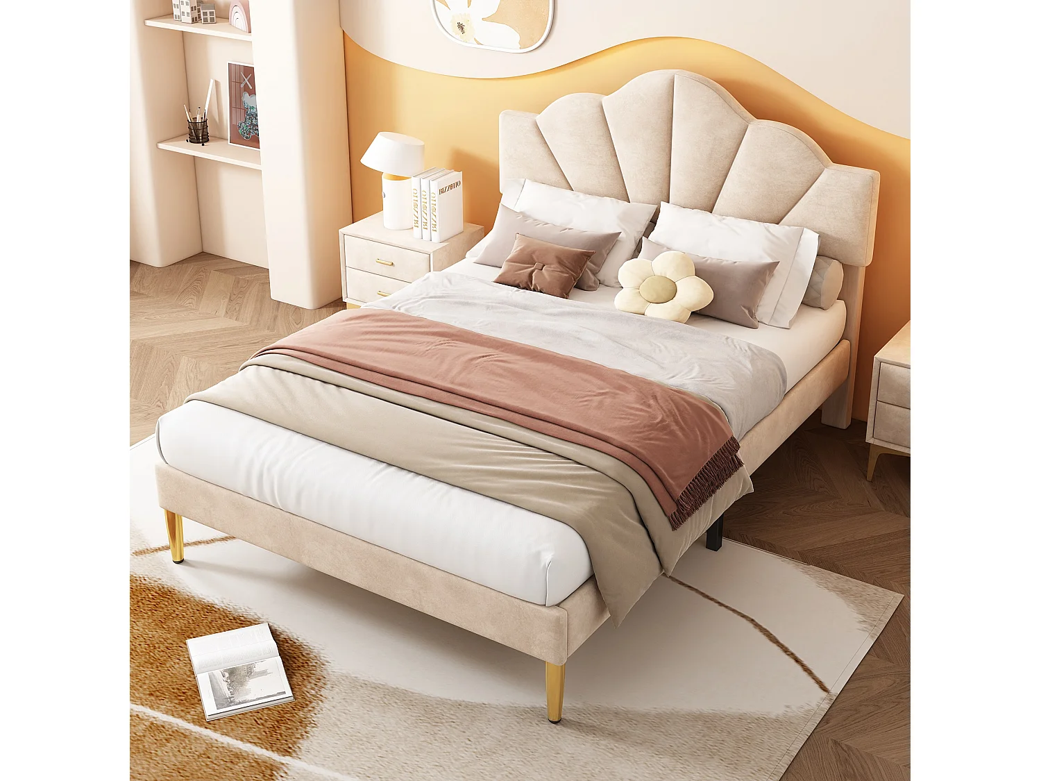 Lit coquillage - 140 x 200 cm - velours - coloris beige + sommier à lattes