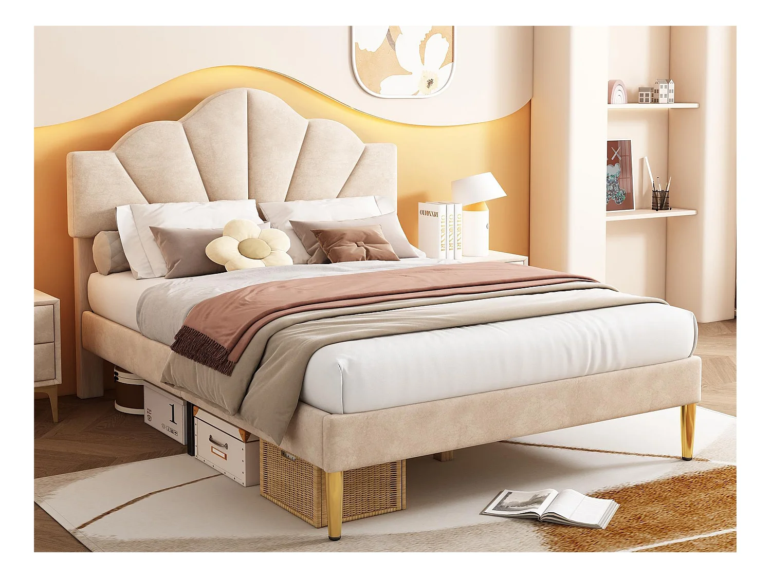 Lit coquillage - 140 x 200 cm - velours - coloris beige + sommier à lattes