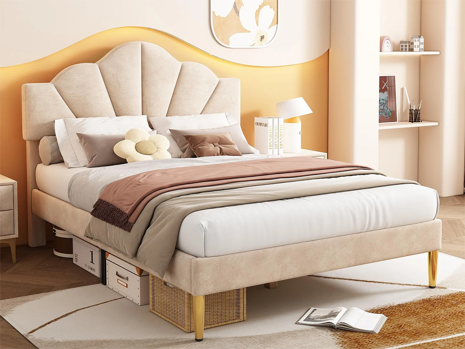 Muschelbett – 140 x 200 cm – Samt – beige Farbe + Lattenrost