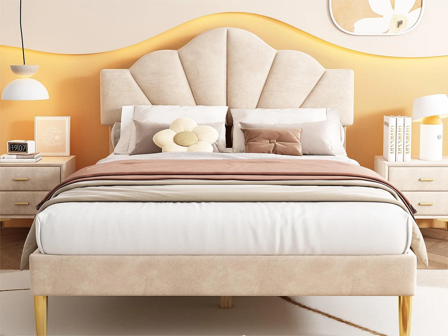 Muschelbett – 140 x 200 cm – Samt – beige Farbe + Lattenrost