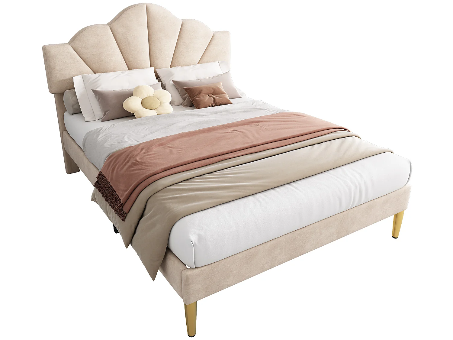 Muschelbett – 140 x 200 cm – Samt – beige Farbe + Lattenrost