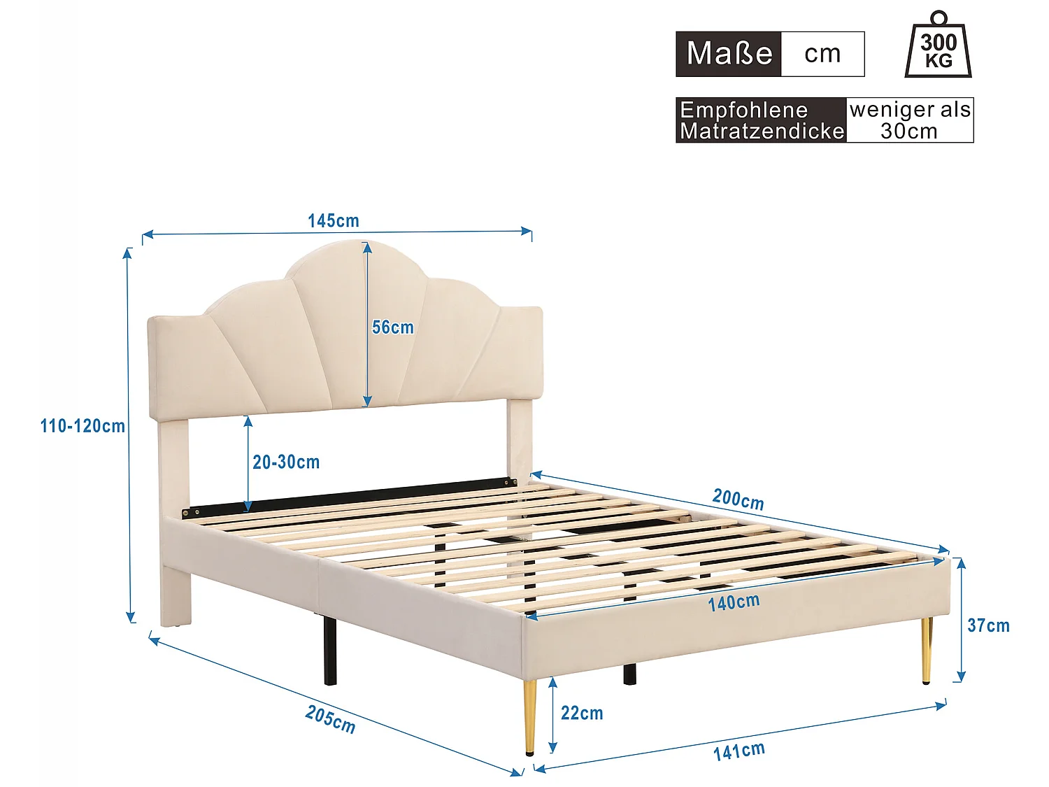 Muschelbett – 140 x 200 cm – Samt – beige Farbe + Lattenrost