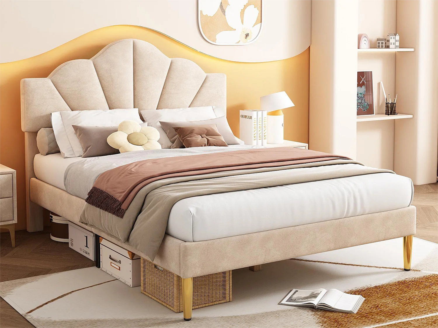 Muschelbett – 140 x 200 cm – Samt – beige Farbe + Lattenrost