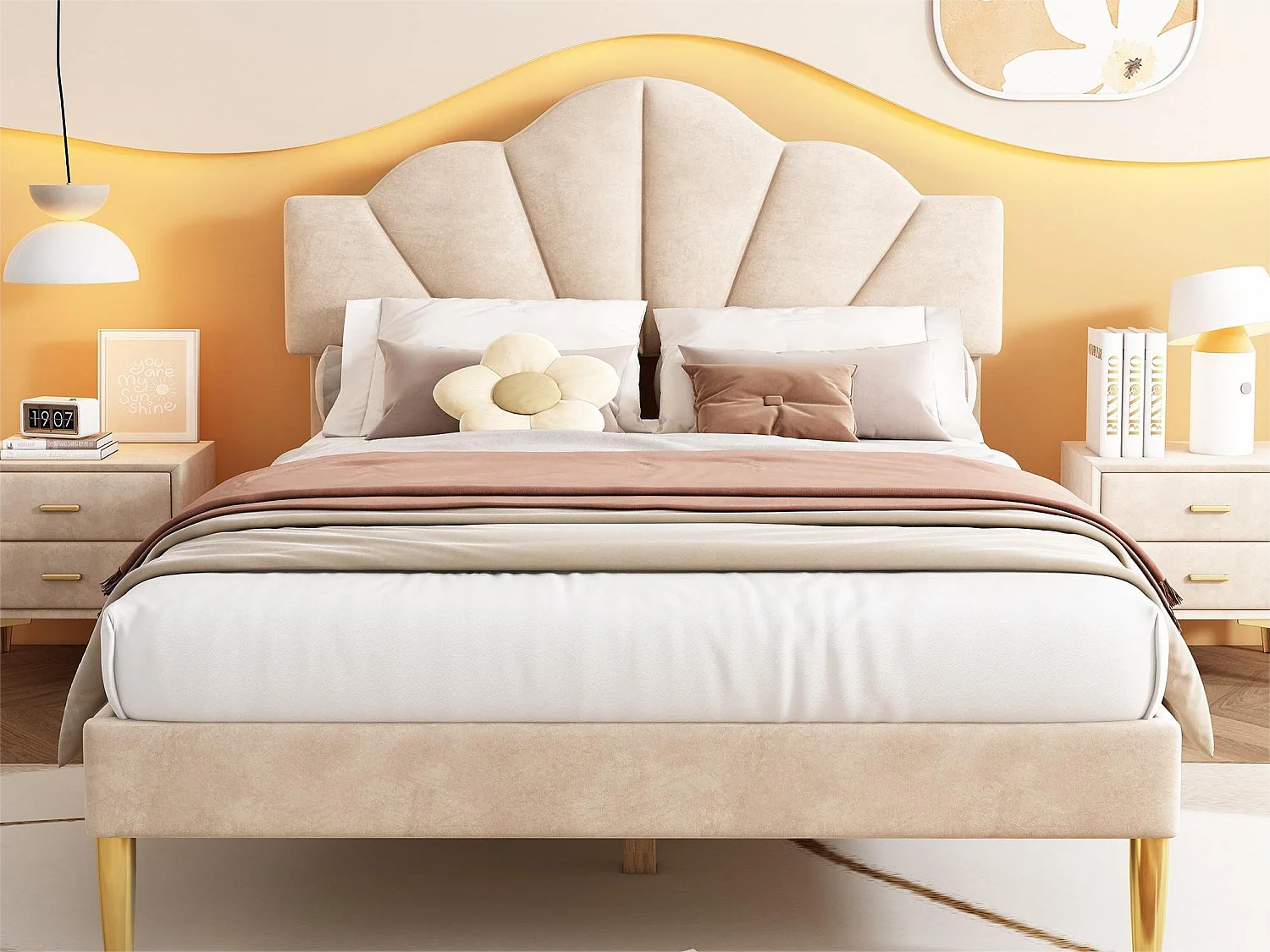 Muschelbett – 140 x 200 cm – Samt – beige Farbe + Lattenrost