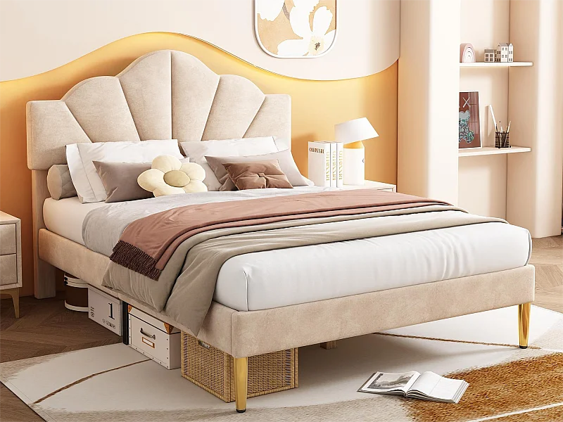 Lit coquillage - 140 x 200 cm - velours - coloris beige + sommier à lattes