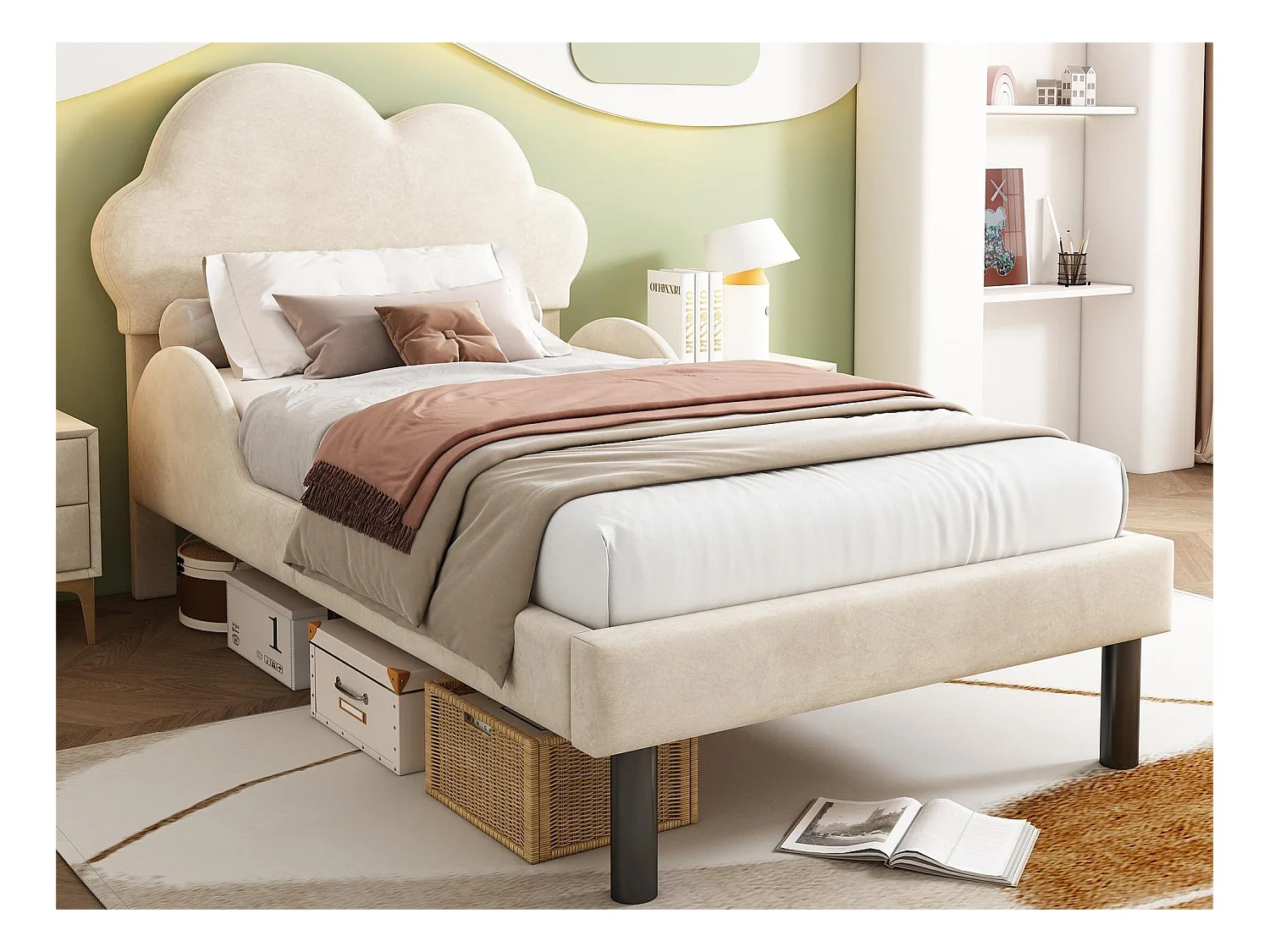 Bed met wolkvormig hoofdeinde - 90 x 200 cm - fluweel - kleur beige + lattenbodem