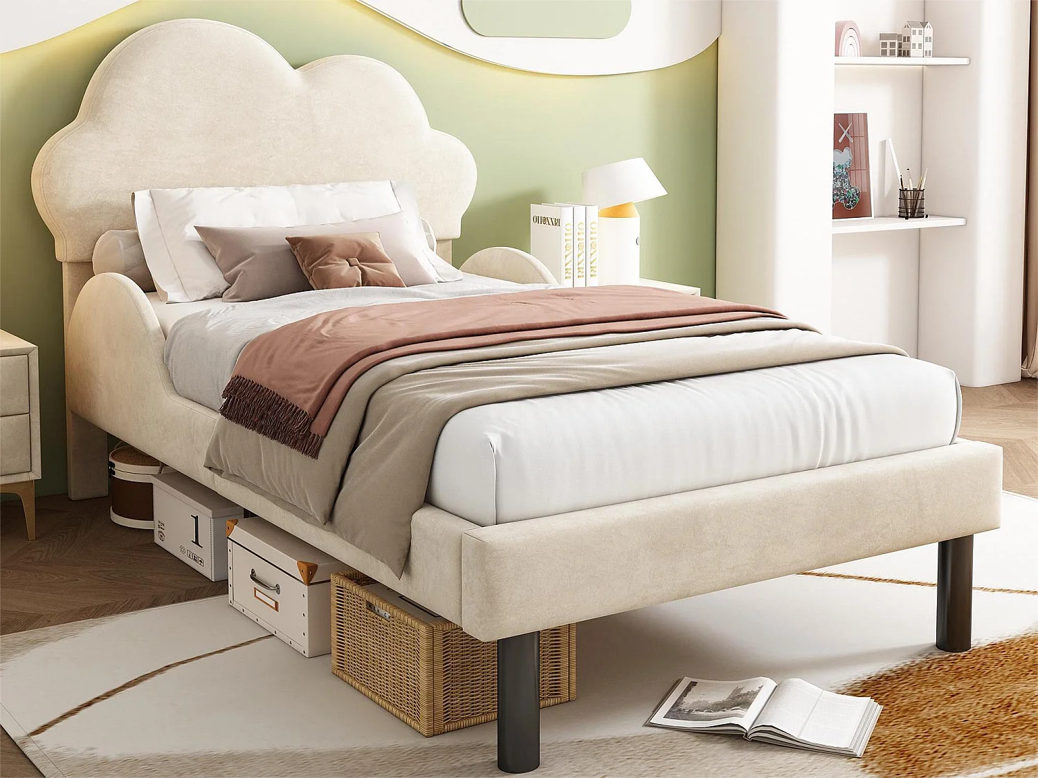 Bed met wolkvormig hoofdeinde - 90 x 200 cm - fluweel - kleur beige + lattenbodem