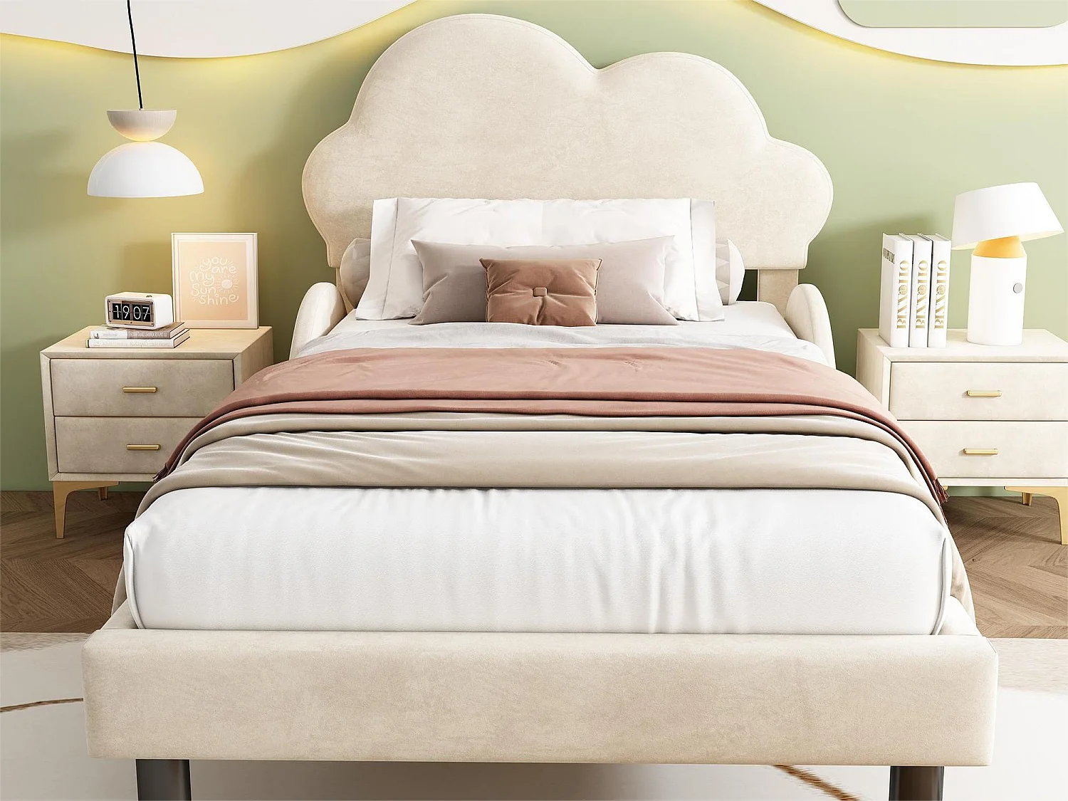 Bed met wolkvormig hoofdeinde - 90 x 200 cm - fluweel - kleur beige + lattenbodem