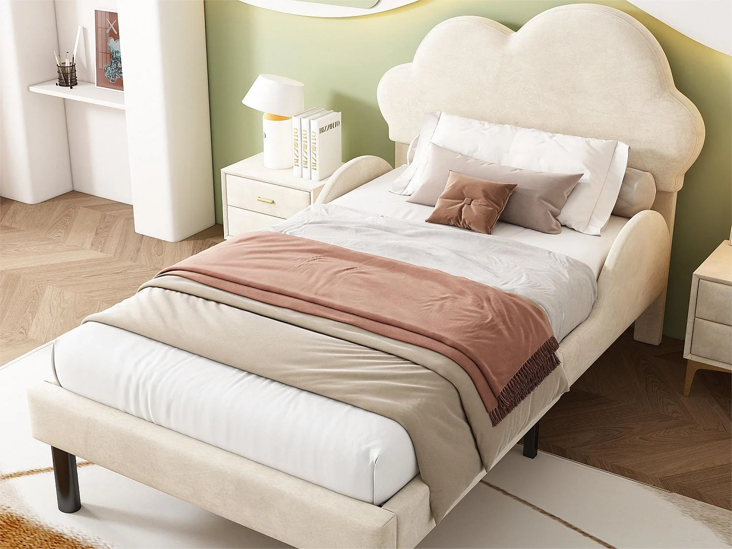 Bed met wolkvormig hoofdeinde - 90 x 200 cm - fluweel - kleur beige + lattenbodem