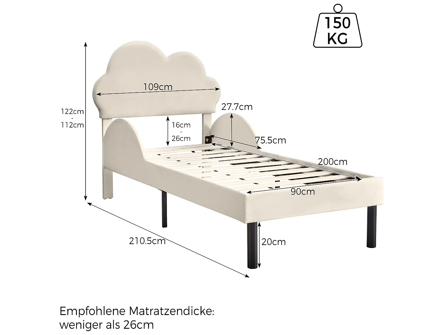 Bed met wolkvormig hoofdeinde - 90 x 200 cm - fluweel - kleur beige + lattenbodem