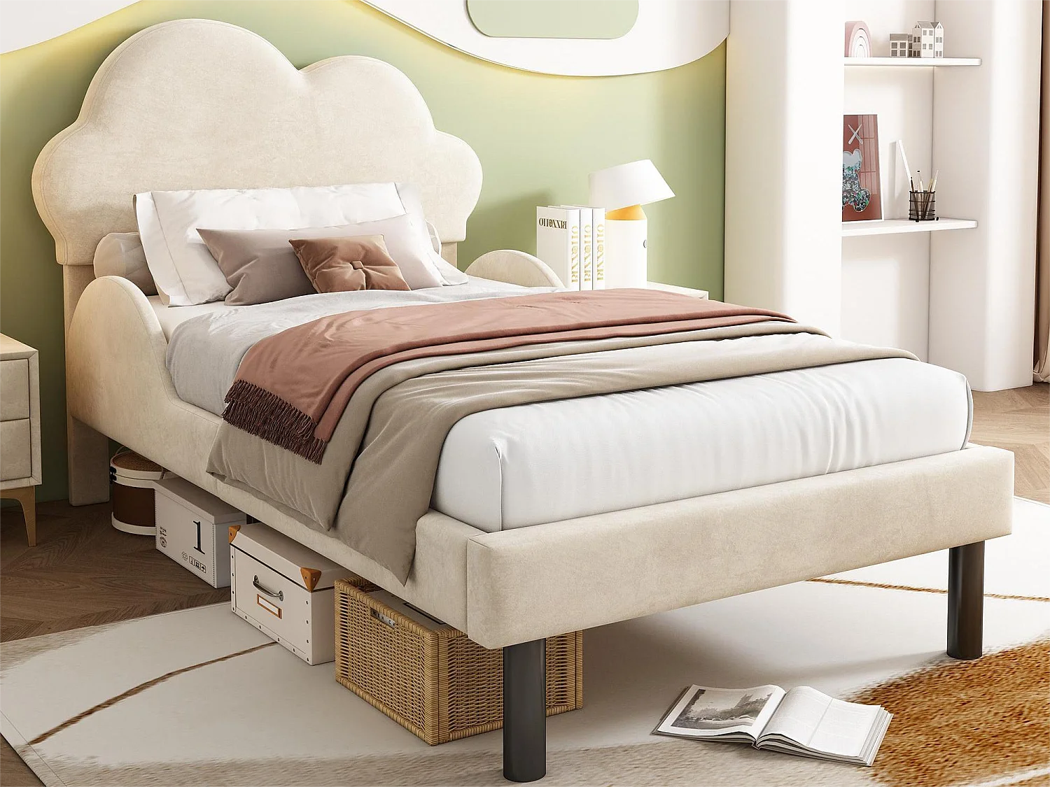 Bed met wolkvormig hoofdeinde - 90 x 200 cm - fluweel - kleur beige + lattenbodem