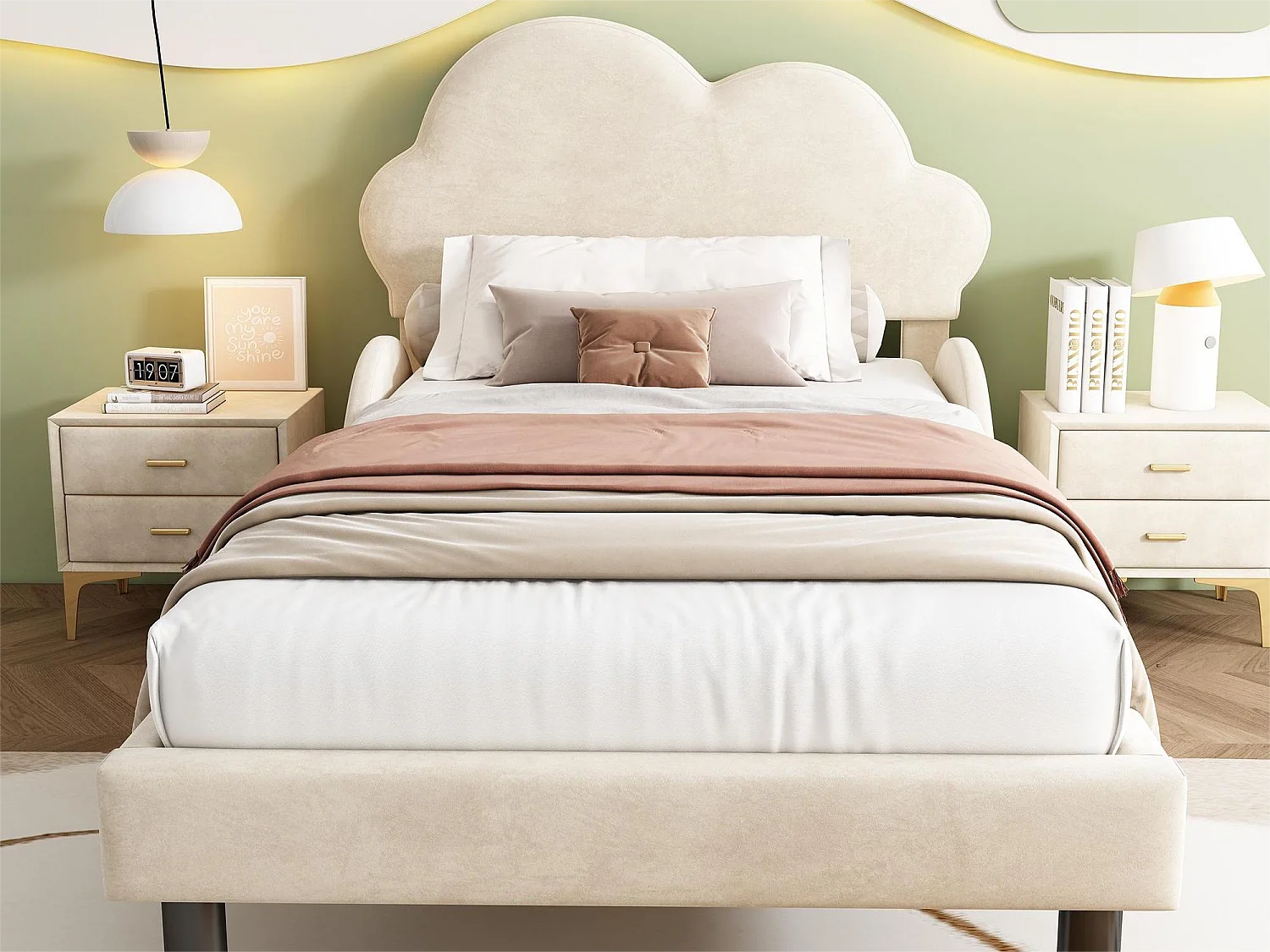 Bed met wolkvormig hoofdeinde - 90 x 200 cm - fluweel - kleur beige + lattenbodem