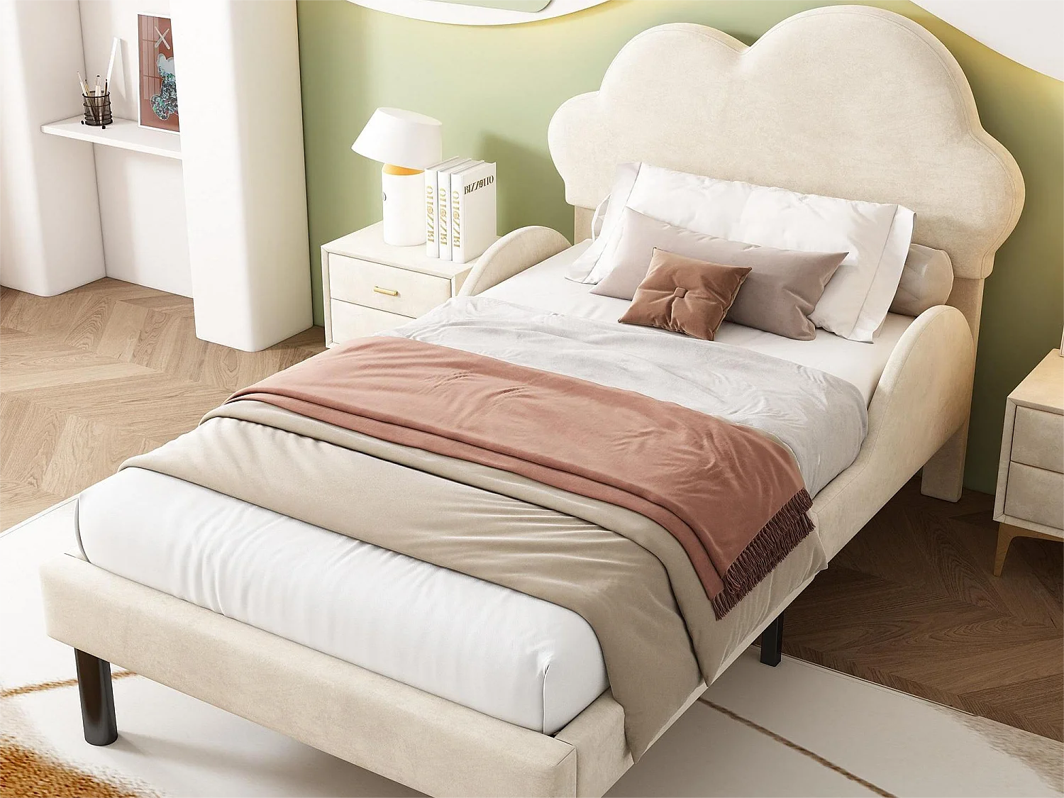 Bed met wolkvormig hoofdeinde - 90 x 200 cm - fluweel - kleur beige + lattenbodem