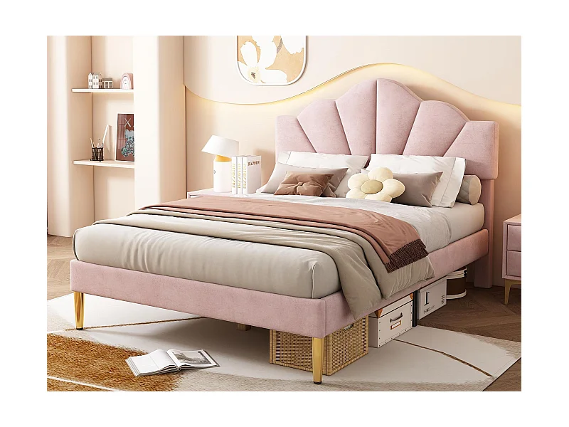 Muschelbett – 140 x 190 cm – Samt – rosa Farbe + Lattenrost