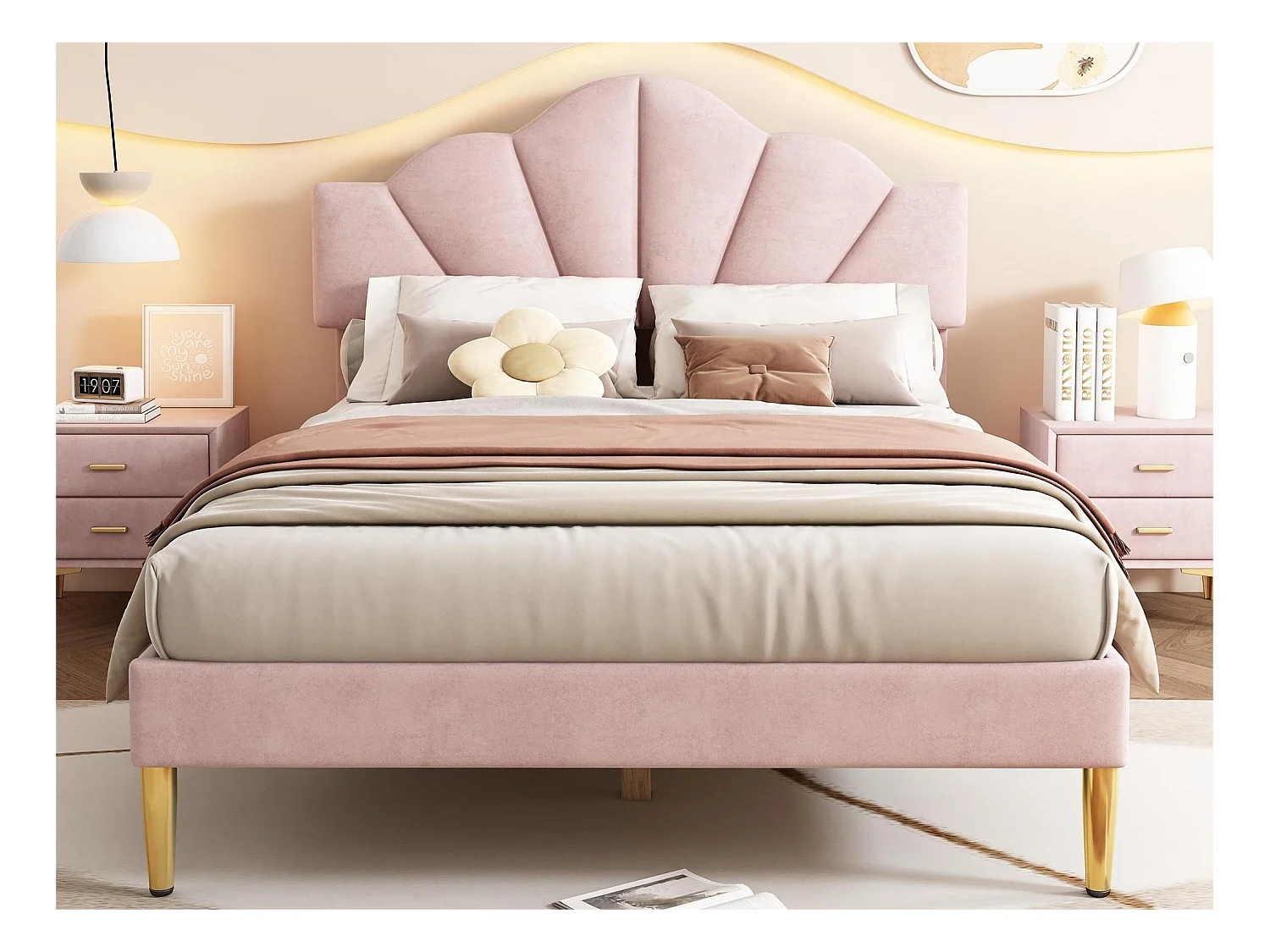 Muschelbett – 140 x 190 cm – Samt – rosa Farbe + Lattenrost