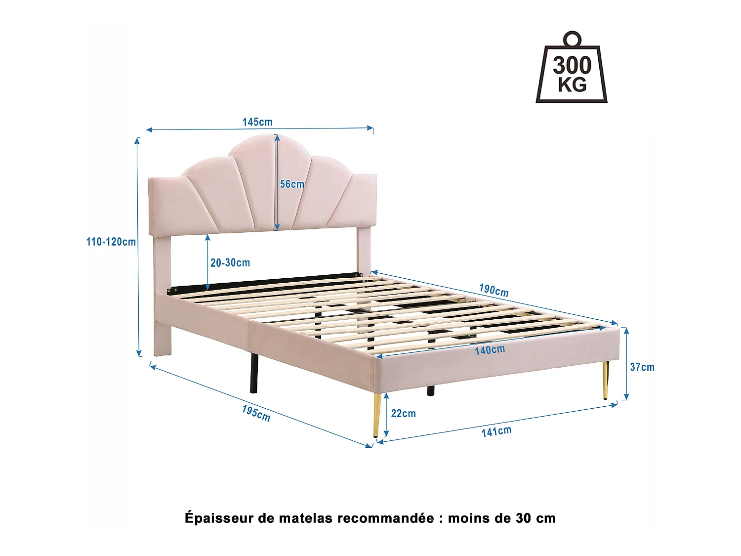 Muschelbett – 140 x 190 cm – Samt – rosa Farbe + Lattenrost