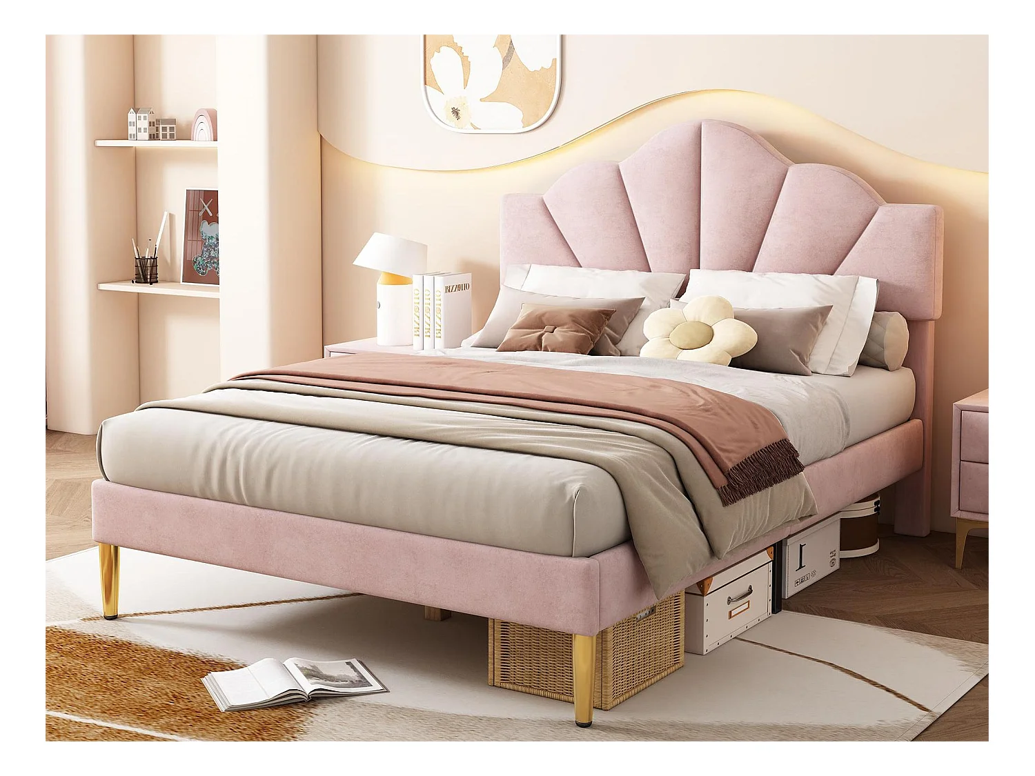 Lit coquillage - 140 x 190 cm - velours - coloris rose + sommier à lattes