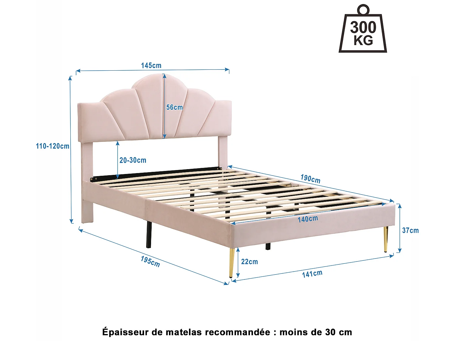 Łóżko muszlowe - 140 x 190 cm - aksamitne - kolor różowy + stelaż listwowy