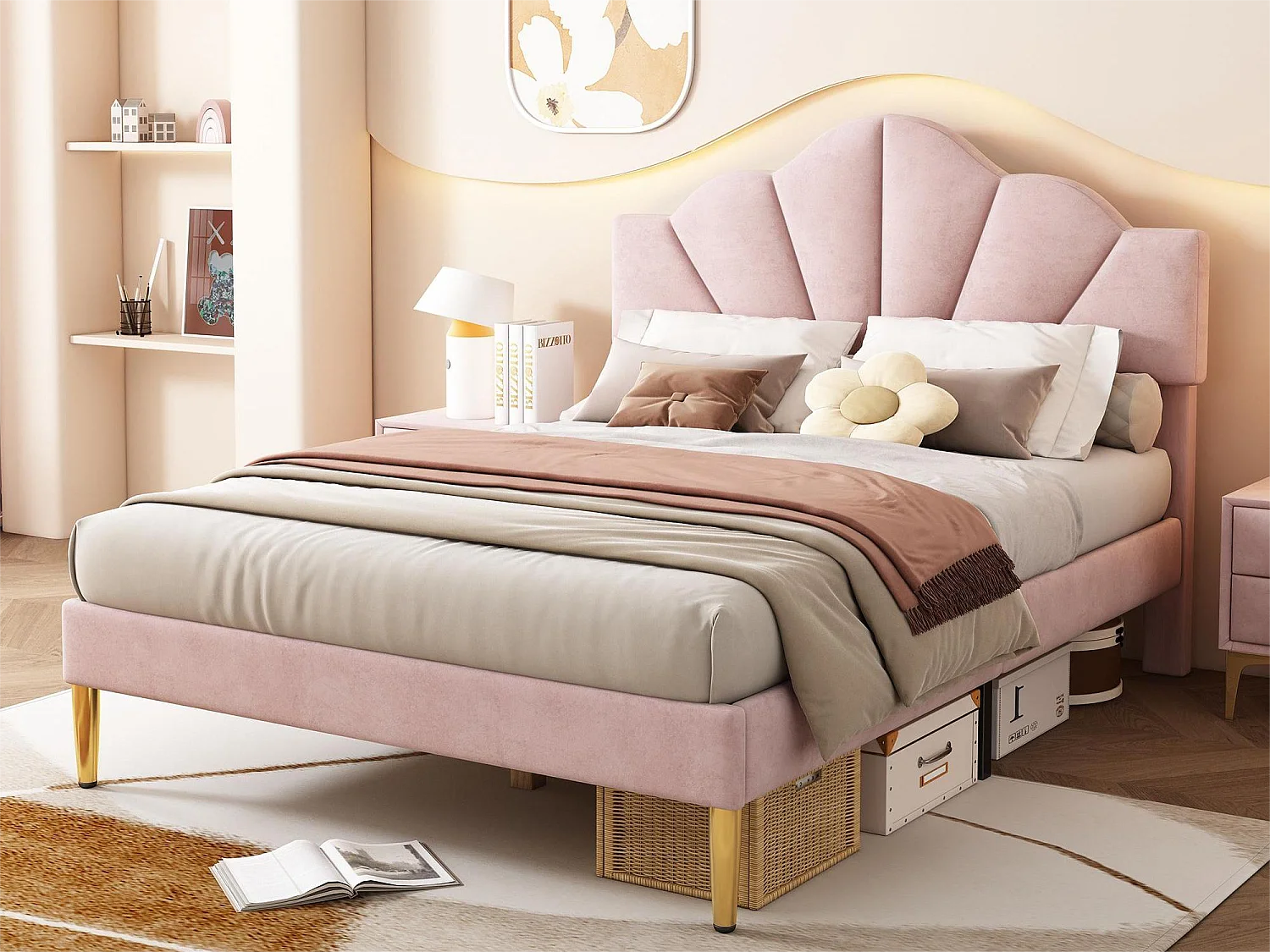 Cama concha - 140 x 190 cm - veludo - cor rosa + base de ripas