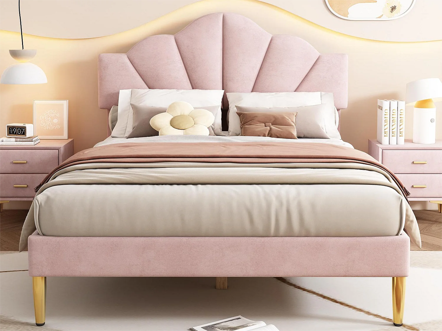 Cama concha - 140 x 190 cm - veludo - cor rosa + base de ripas