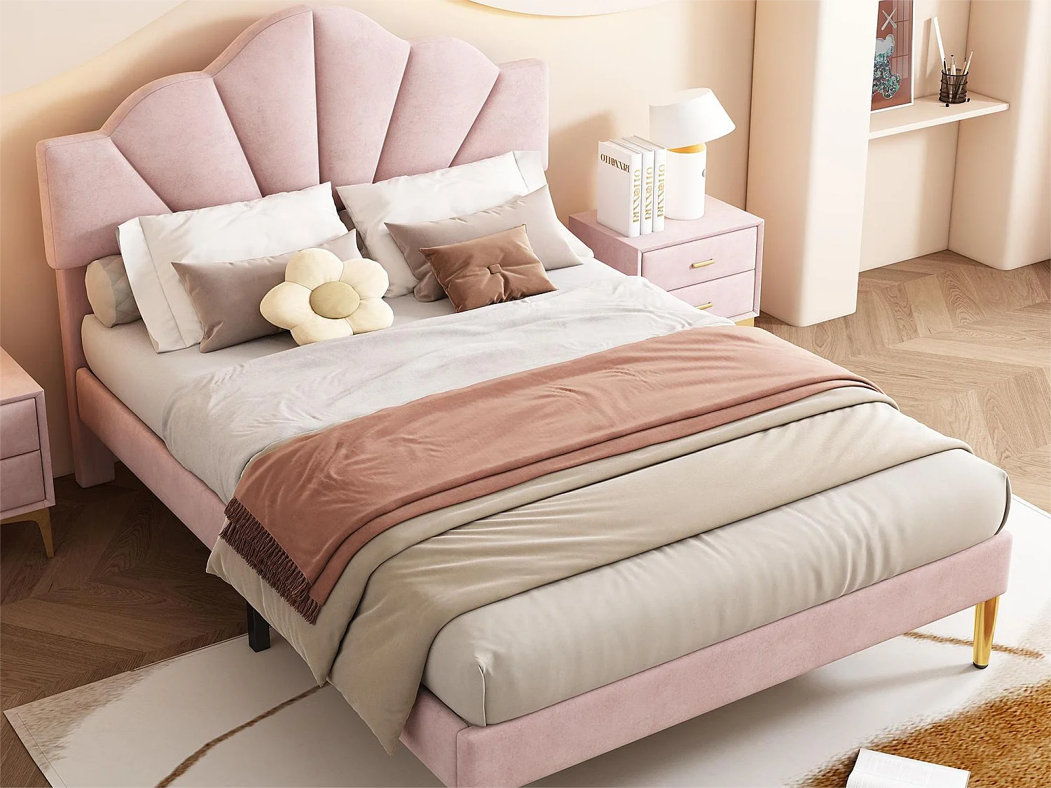 Cama concha - 140 x 190 cm - veludo - cor rosa + base de ripas