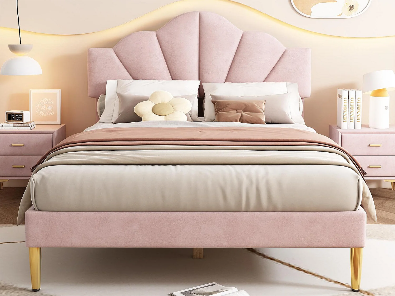 Muschelbett – 140 x 190 cm – Samt – rosa Farbe + Lattenrost