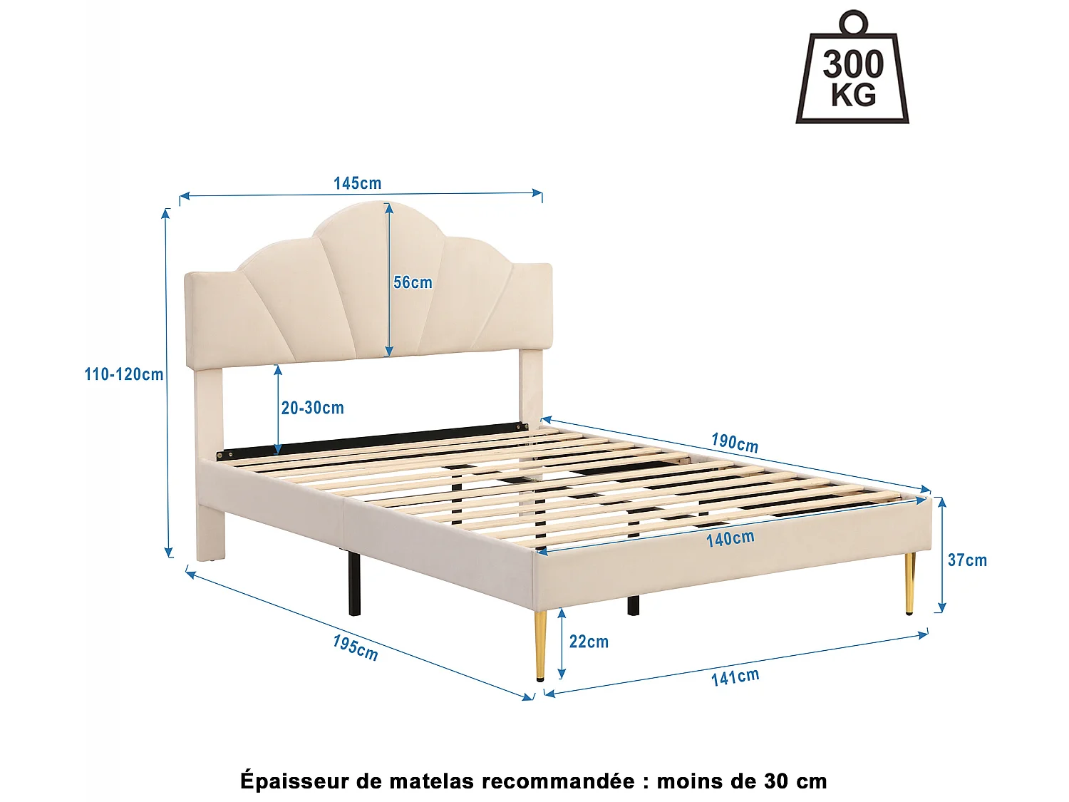 Lit coquillage - 140 x 190 cm - velours - coloris beige + sommier à lattes