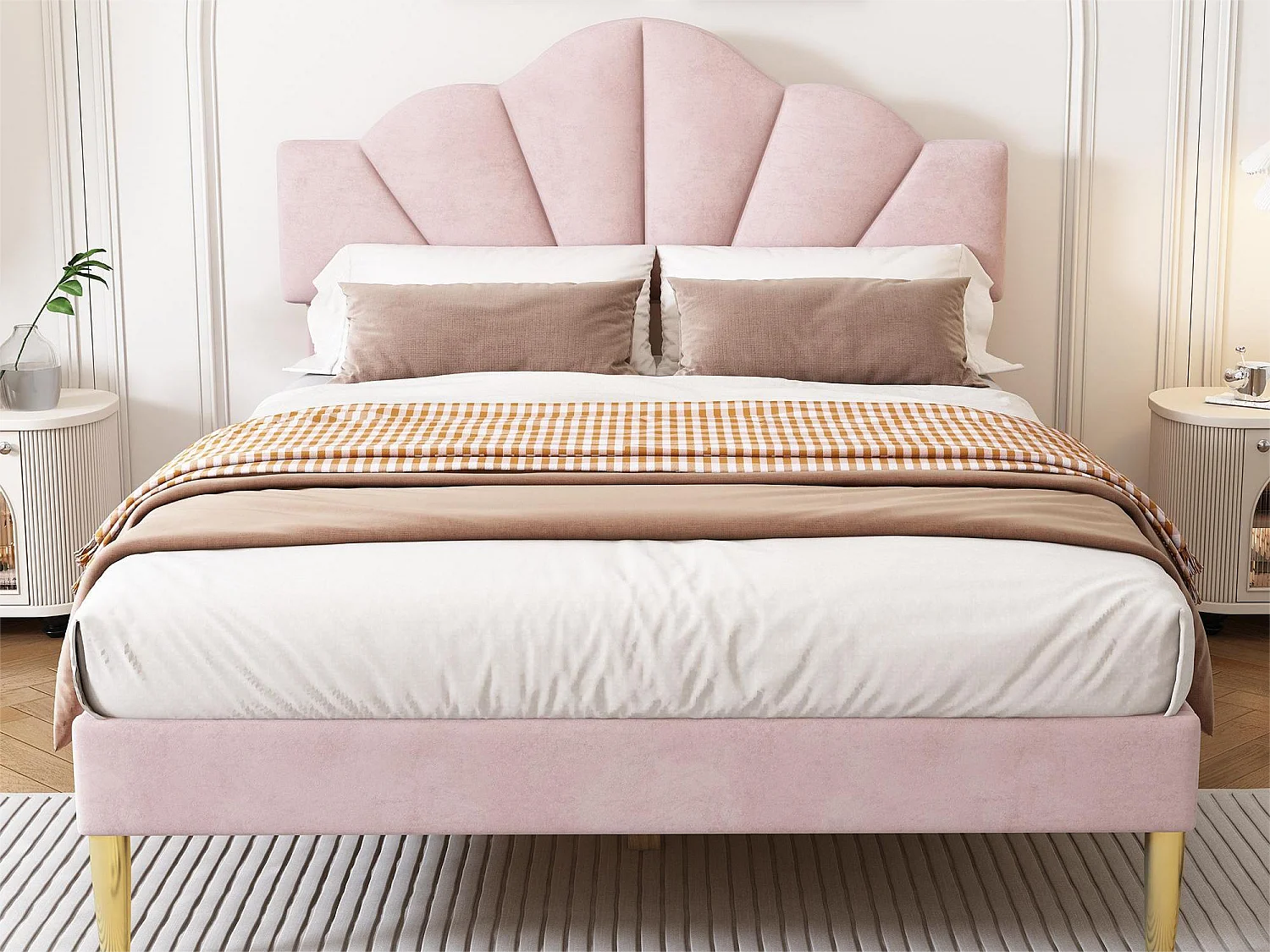 Letto Shell - 140 x 200 cm - velluto - colore rosa + rete a doghe