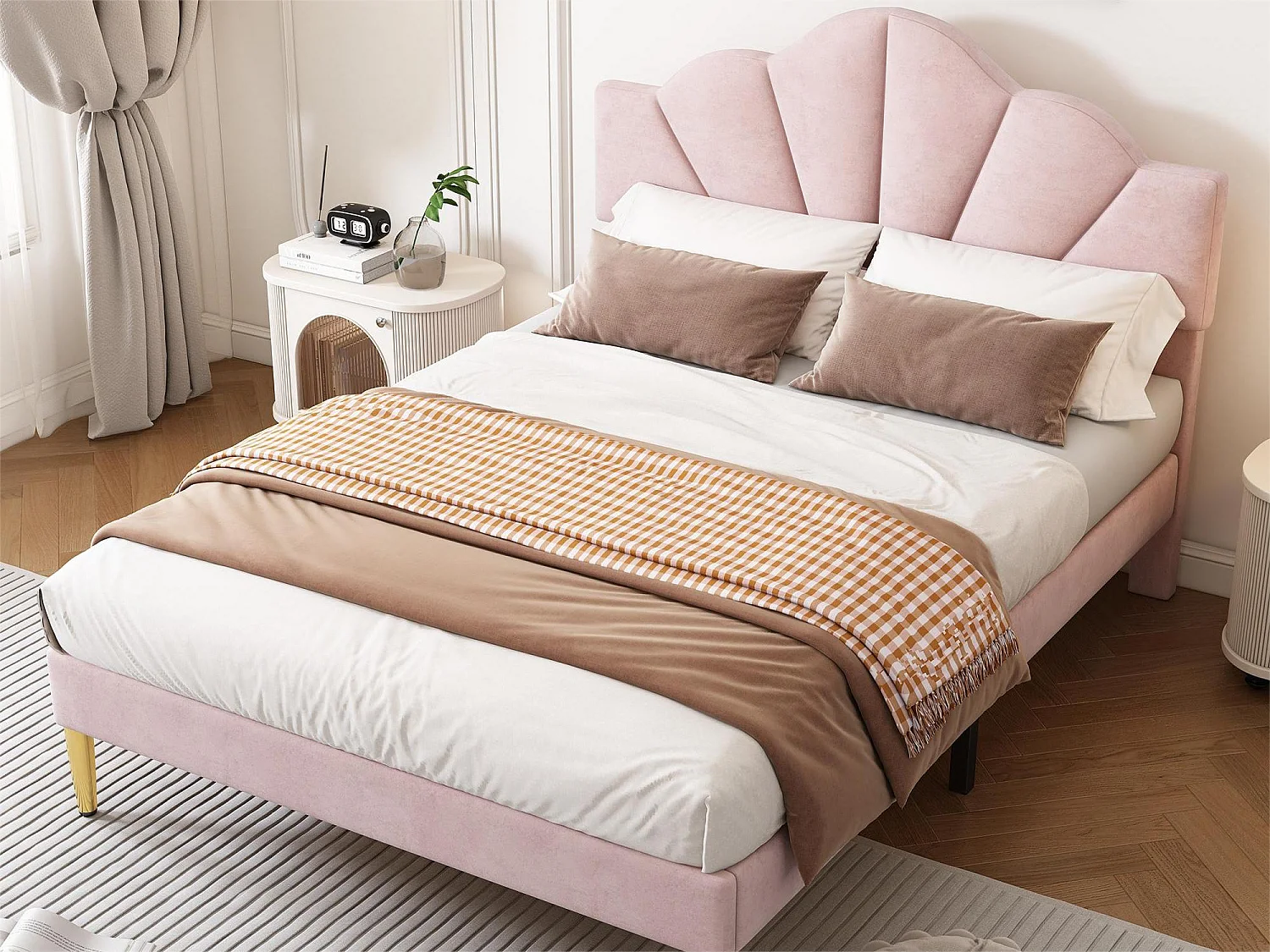Letto Shell - 140 x 200 cm - velluto - colore rosa + rete a doghe