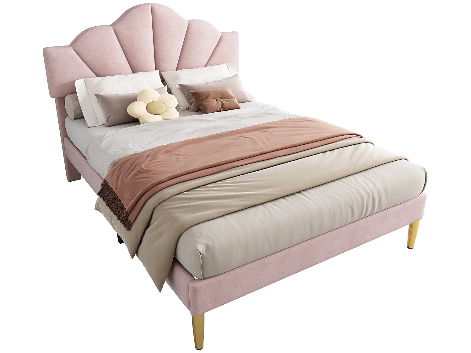 Letto Shell - 140 x 200 cm - velluto - colore rosa + rete a doghe
